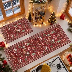 2Pcs Christmas kitchen mat, Christmas rug，non-slip kitchen rug set,  Red Christmas pattern Floor Mat Set, soft comfortable foot mat, machine washable easy to clean, Christmas gift, multifunctional suitable for kitchen Dining Room, Home Decorative Rug