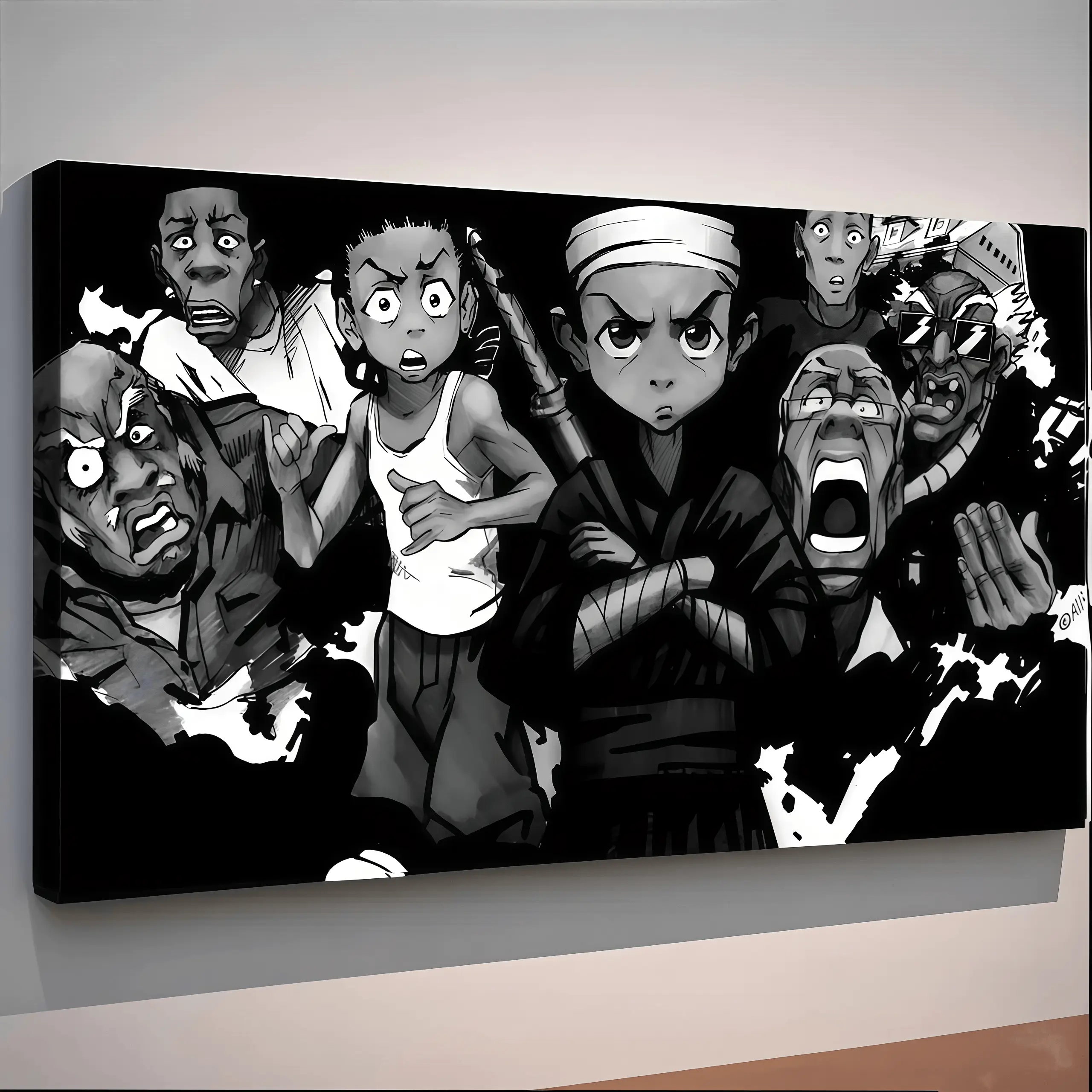 Boondocks Black Cartoon Wrapped Canvas Decor Painting 2D Flat Framed Wall Art for Living Room & Bedroom Graphic Prints Decoration