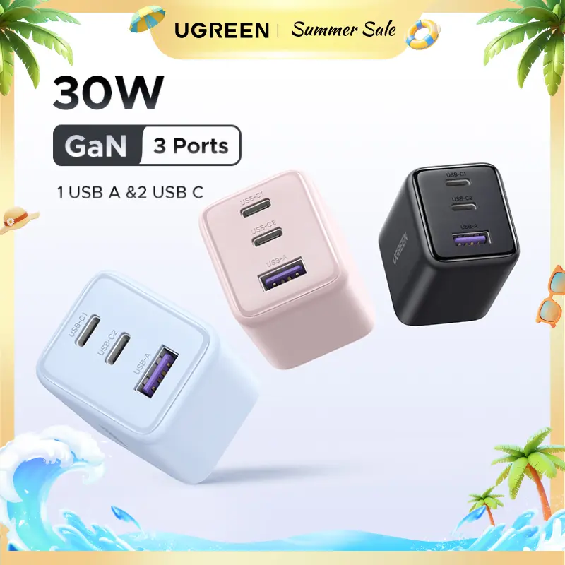 UGREEN 30W 2C1A/20W 1C1A/45W 4CIA GaN PPS Compact Fast Wall Charger Block USB-C Power Adapter for iPhone Galaxy S25/S24/S23 with Free Gift US Plug 2 USB C + 1 USB A,Summer Sale