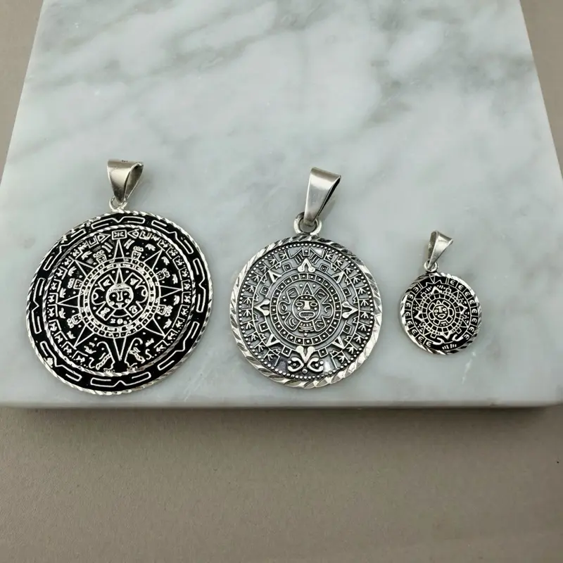 Silver 925 Mexico Aztec calendar pendant jewelry