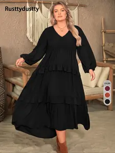 Plus Size Plain Woven Lantern Sleeve Tiered Ruffle Trim Smock Dress, Womenswear Elegant Style Aesthetic V Neck Long Sleeve Dress for Vacation Party Wedding Guest, Women's Clothes for All Seasons