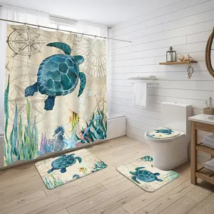 Sea Turtle Bathroom Set Turtle Shower Curtain Nautical Curtain with Starfish Coral Shower Curtain,with Non-Slip Rugs, Toilet Lid Cover and Mat,Gift for Friends BoyGirl Kids