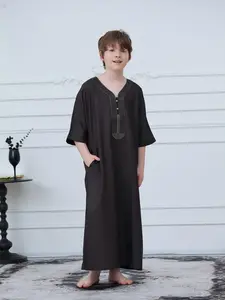 Middle Eastern Muslim Boy Summer Loose Short Sleeve Embroidered Thobe Tunic, Kids Clothing, Modest Long Length, Casual Fit, All Seasons Clothing, Modesty