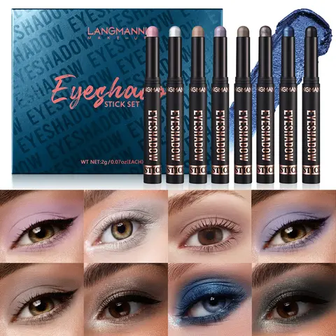 LANGMANNI 8-Color Glitter Shimmer Eyeshadow Stick Glam Pack, Glitter Eyeshadows, Beauty Eyeshadows, Sparkly Shimmer Eyeshadow, Long-Lasting Easy-Application Natural Matte Eye Shadow Pen Set, Radiant Finish Eye Makeup