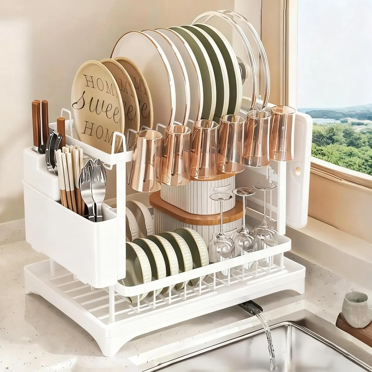 【TikTokShopBlackFriday】Raybee Double-Layer Large-Capacity Kitchen Countertop Drain Rack with Drain Board, Made of Metal, for Holding Dishes, Knives, Cups, and Cutting Boards