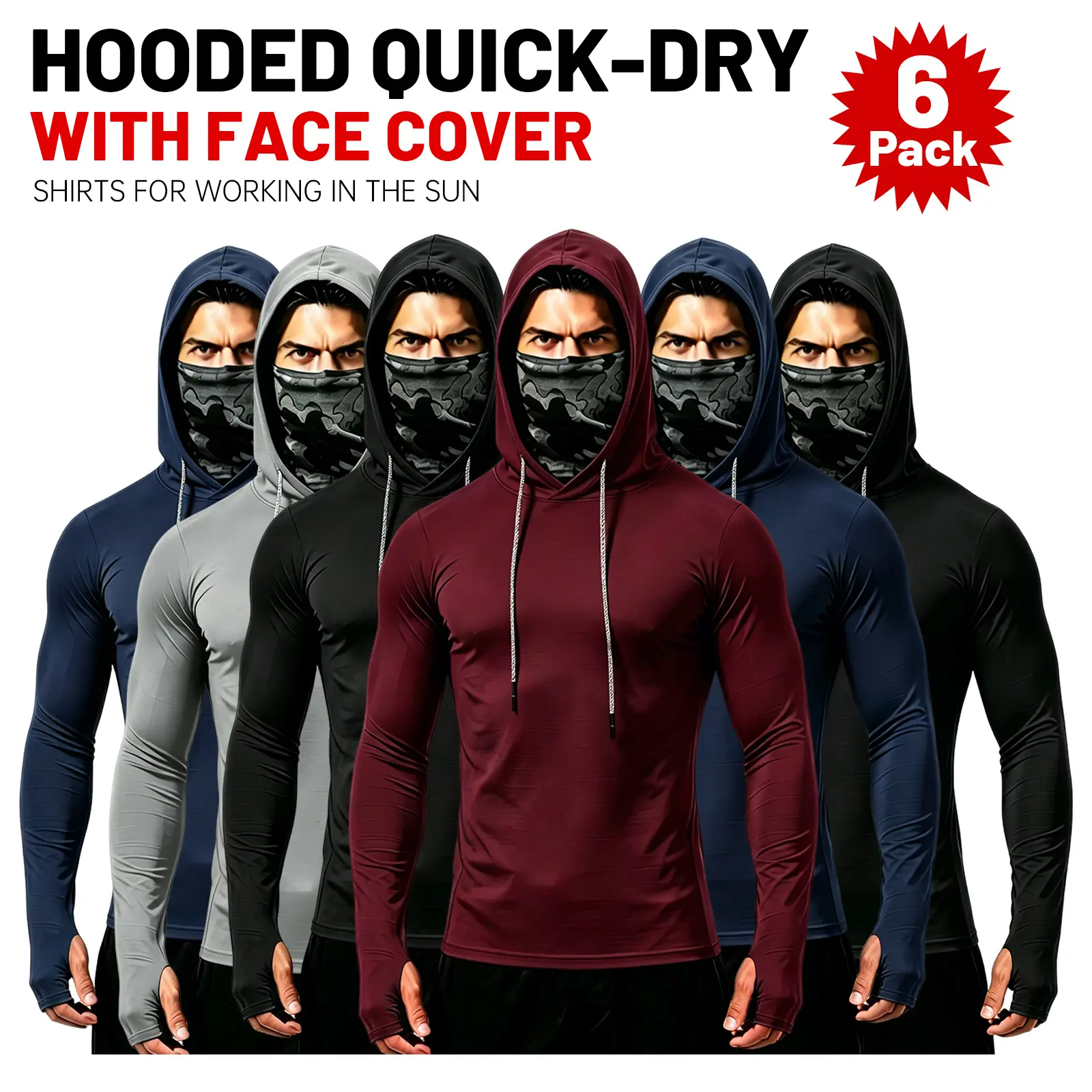 Men's 5 Pack UPF 50+ Sun Hoodie, Quick-Dry Stretch Long Sleeve Shirt with Built-in Face Mask & Thumbholes for Outdoor Hiking & Fishing, Hiking / Light Outdoor, Outdoor Men's Sweatshirts Athletic Clothes Athletic Fitness Clothes
