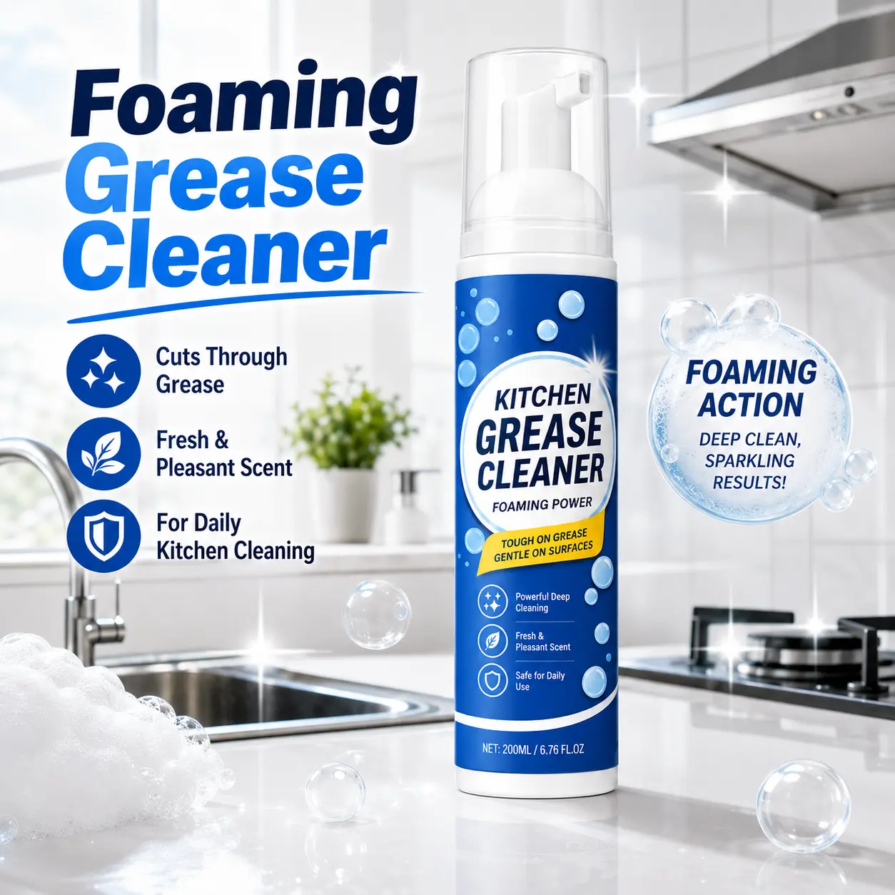 200ml Multipurpose Foam Cleaner Spray - All-Purpose Household Cleaner for Stove, Sink, Countertop - Lifts Grease, Dirt, Daily Grime - Fresh Scent Home Care Cleaning Product