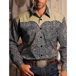 Men’s Yellowstone Western denim shirt with a two-tone patchwork pattern, featuring a roll-down button placket—stylish, casual, long-sleeved.