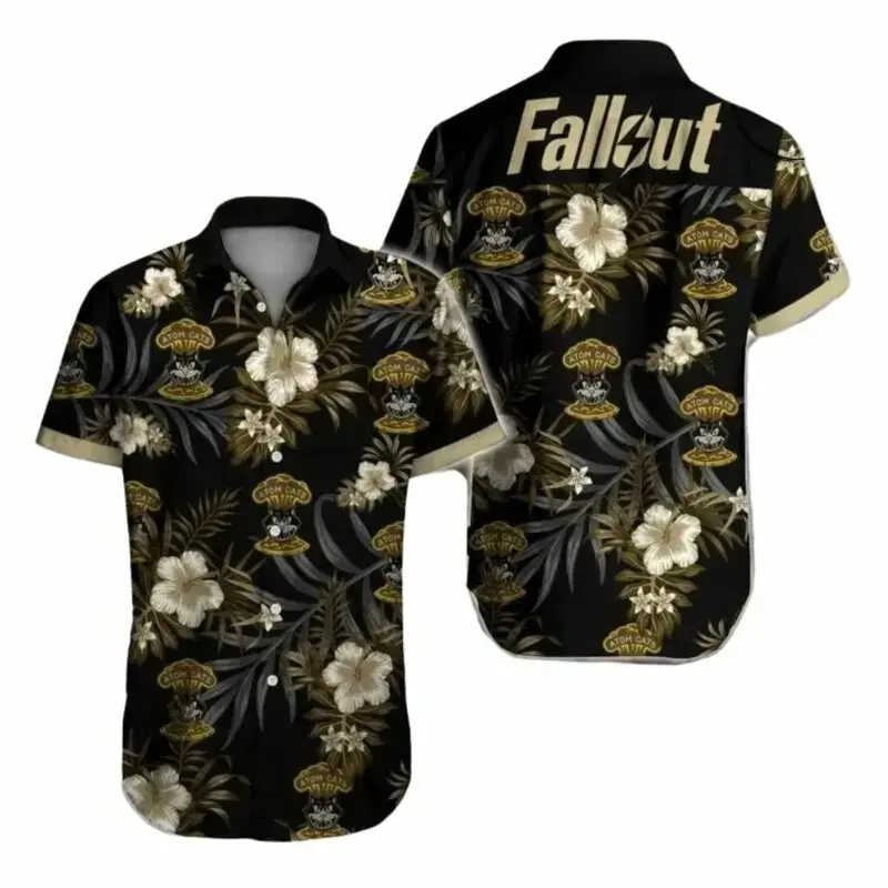 Fallout Bold Vault Boy & Hibiscus Hawaiian Shirt, Fallout Game Tropical Short Sleeve Shirt, Summer Aloha Button Down Shirt, Gift for Him or Her