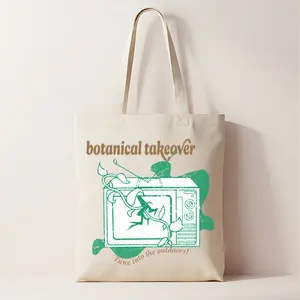 Botanical Takeover Graphic Tote Bag - 100% Cotton Canvas, Machine Washable, 15" x 16", Double Straps, Reusable, Random, Object, Fun, Retro, Outdoors, Plant, Garden, Vintage, Leaves, TV