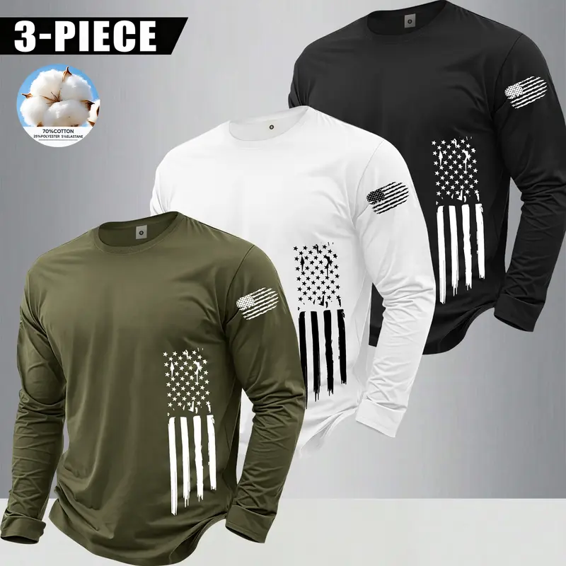 Men's Crew Neck 3-Piece Long Sleeve T-Shirt - American Street Style USA Flag Print, All-Season, Outdoor Sports Appropriate, Perfect Gift for Boyfriend, Sohochic