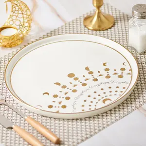 Ceramic Flat Dinner Plate, 10 inch High Edge Dish with Golden Moon Pattern, Modern Ceramic Plates, Dinnerware for Ramadan and Eid al-Fitr, Kitchen Porcelain Serving Dishes, Scratch Resistant, Dishwasher Safe