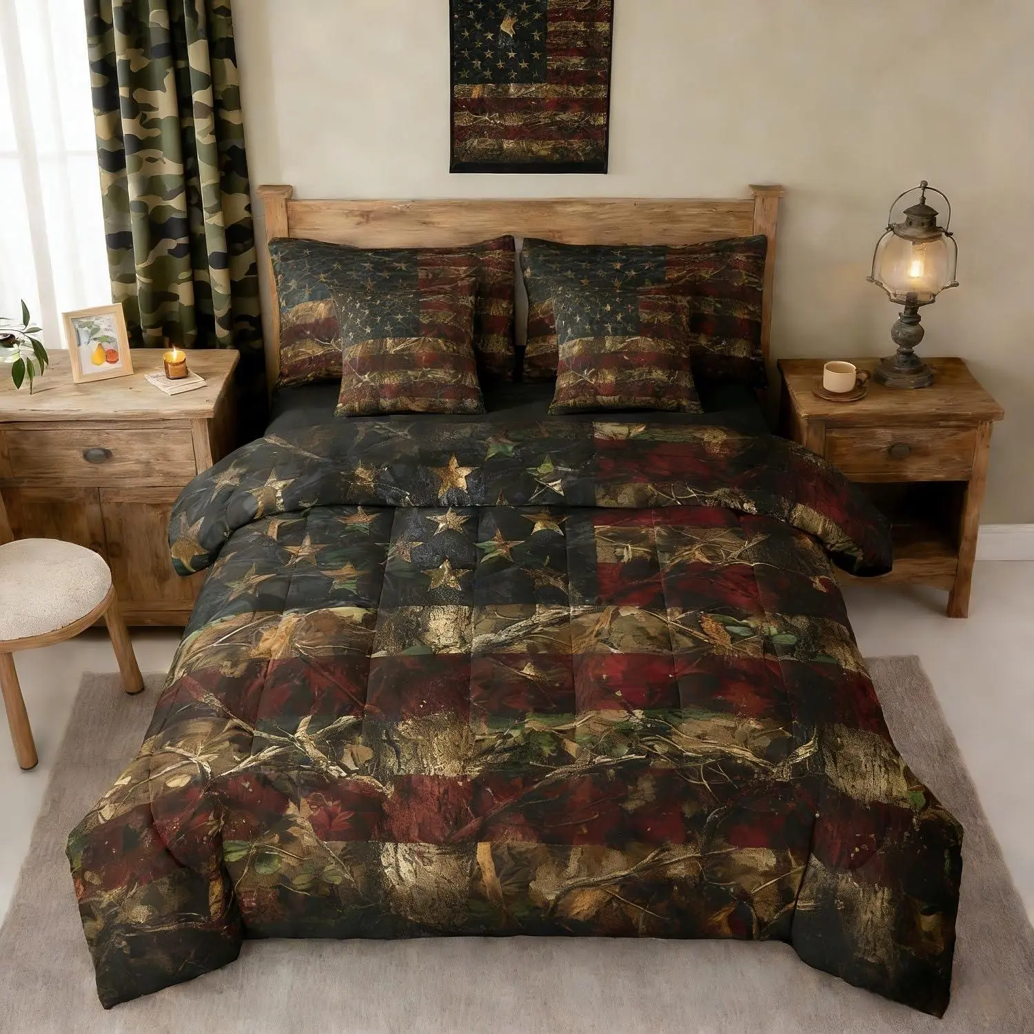 Feelyou 7-Piece High Tenacity Queen Bed Comforter Set - American Flag, Rustic Woodland Camouflage Print, Hunting Motif Bedding Set with Sheets, Farmhouse Cabin Lodge Style for Teen Boys (Multi-Size), Bedding Sets