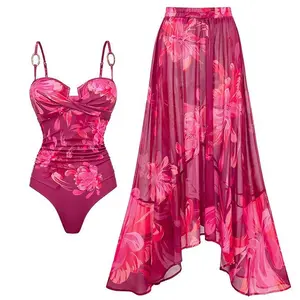 FLAXMAKER Women's Floral Print Push Up One Piece Swimsuit and Matching Skirt Set Bathing Suits Swimdress Stylish Beachwear #TikTokShopBlackFriday Summer Swimming Cover