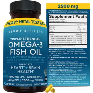 Viva Naturals Omega 3 Fish Oil Supplement for Women and Men - 2500 mg Triple Strength Fish Oil Pills with Re-Esterified Omega 3 Fatty Acids Including EPA, DHA DPA - 90 Pescatarian-Friendly Softgels