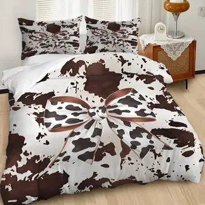 2/3Pcs Cow Print Duvet Cover Set, Western-Themed Bedding Set, Bed Sets Supplies, Soft Fabric for Cozy Sleep, Ideal for Rustic Bedroom Decor, Bow Tie Design for Home Aesthetic, Bed Sets Includes 1 or 2 Pillowcase - No filling/Zipper Closure