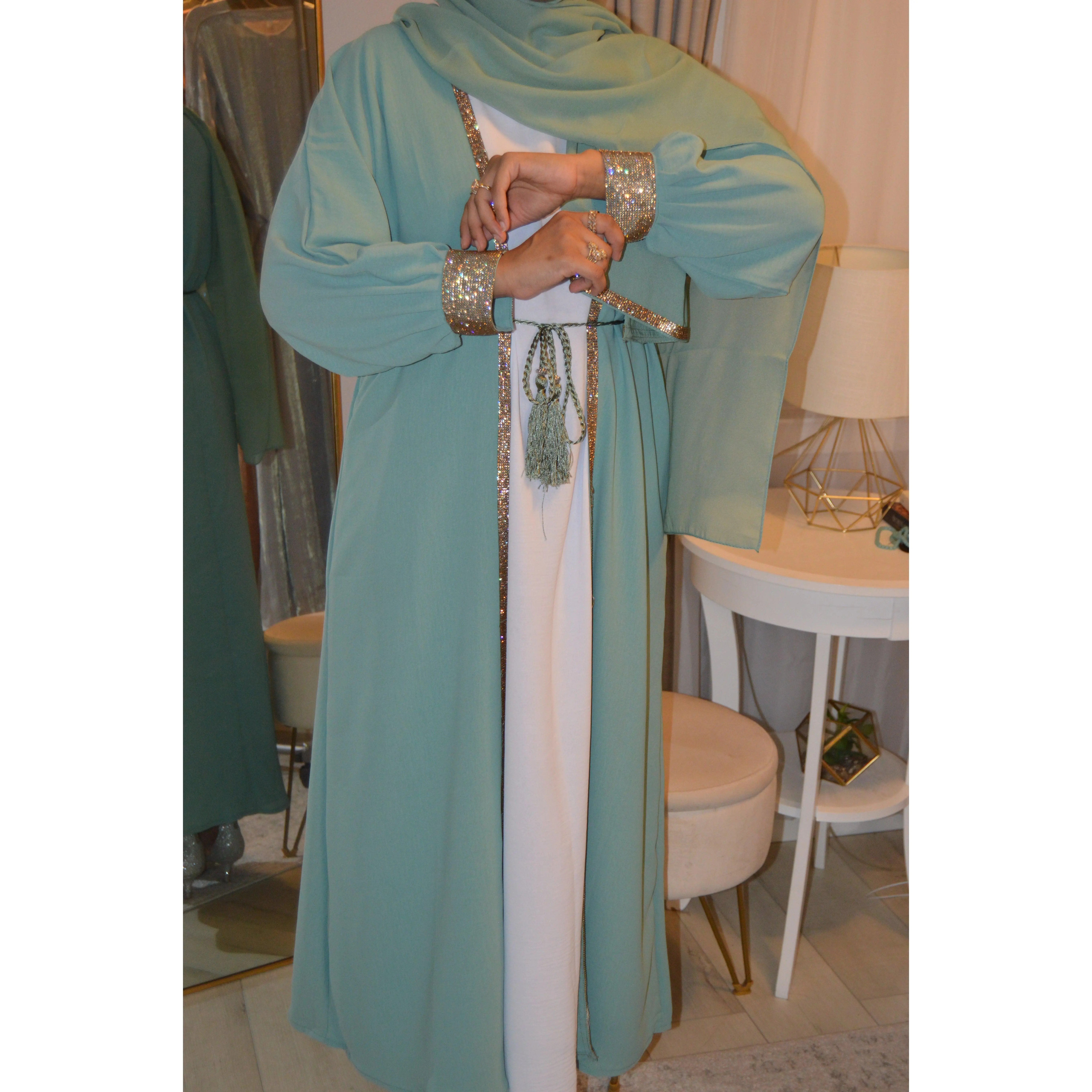 Cuffed Sleeve Open Abaya - Turquoise