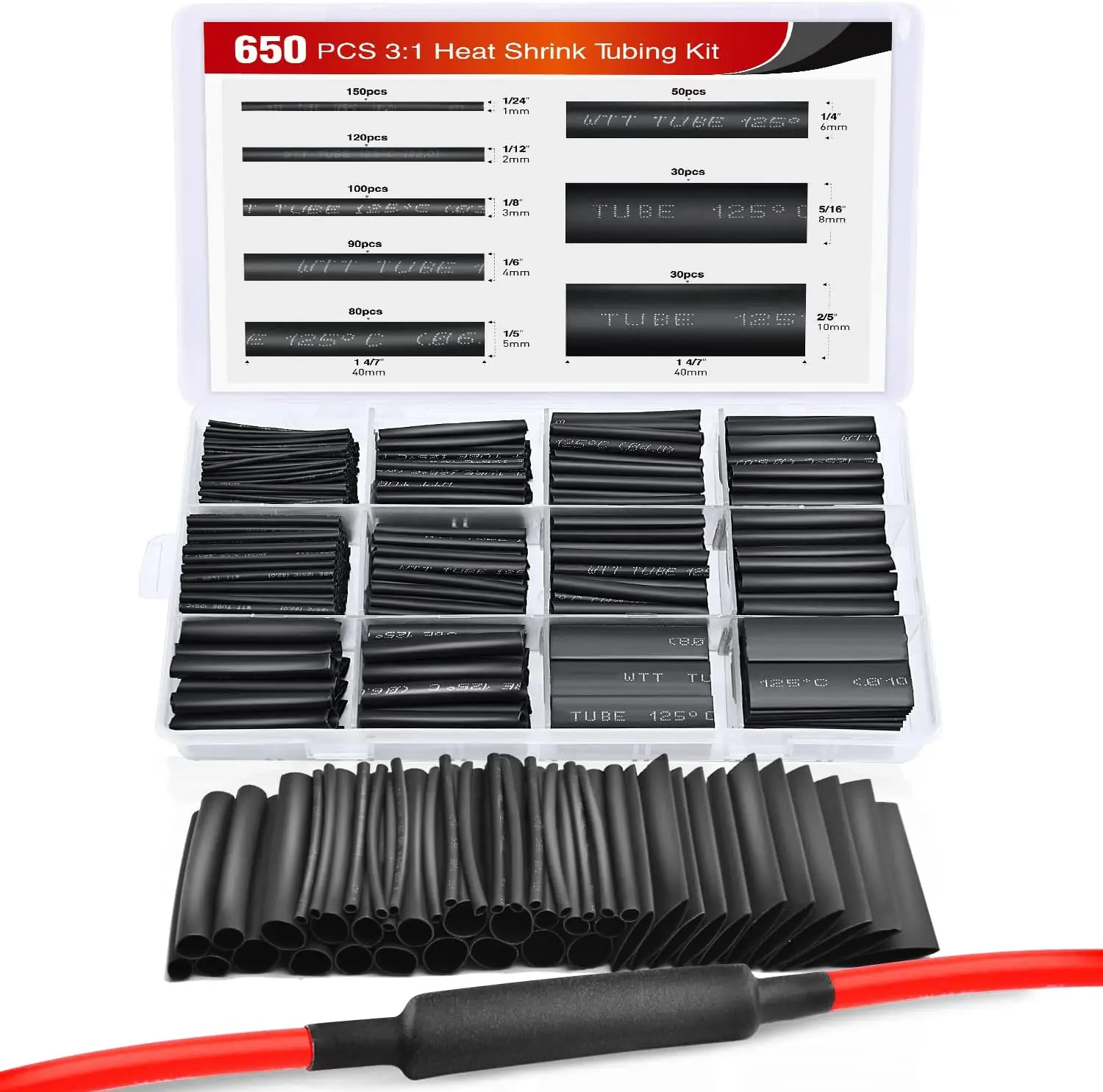 Nilight 650pcs Heat Shrink Tubing Kit - 3:1 Ratio Electrical Wire Cable Sleeve Wrap Assortment, 5/16" (30 pcs), CSA C22.2 Certified, Flame Retardant, Waterproof, Insulation Protection for Heavy Wire, Daily Repairs, Group of Lines Marking, Easy to Use