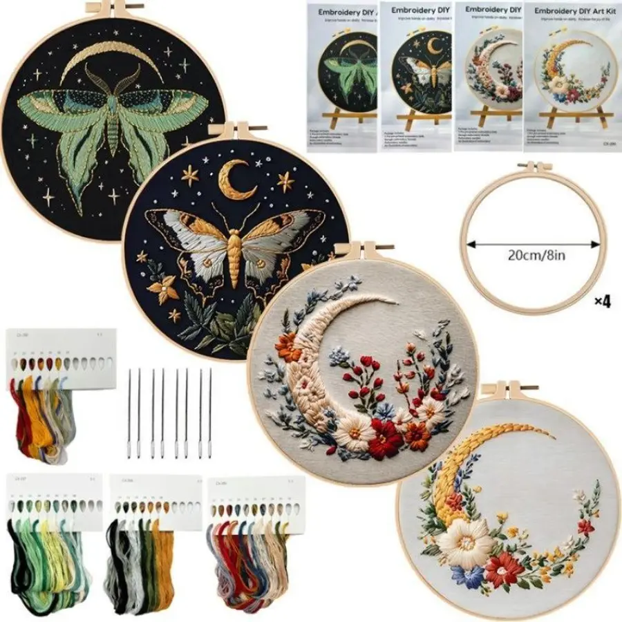 Hand Embroidery Kit for Beginners - Butterfly Moon Design DIY Craft on Printed Cotton Cloth, Complete Set with Hoop, Threads, Needles, Bag Charm Accessory, Fabric & Instruction Manual, Mixed Textile
