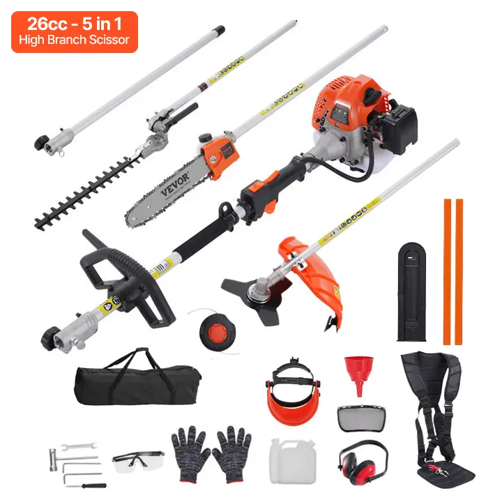 VEVOR 6-in-1 High Power Garden Tool Kit, Full Kit with Hedge Trimmer, Weed Eater, String Trimmer, 3T Brush Cut Head, Edger, Pole Saw Chainsaw Pruner, Metal Blade, Handle, Parts, Shoulder Strap for Lawn Cutting (6in1 Trim/Prune/Edger)