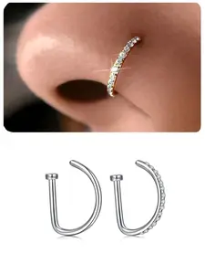 D Shape Fake Nose Ring, Stainless Steel Non-Piercing Nose Hoop, Silver Color and Punk Style Body Jewellery Accessory for Men and Women, Body Jewelry