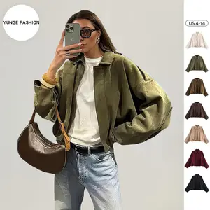 Women's Faux Suede Jacket - Autumn/Winter Vintage Solid-Color Collared Zip-Up Long-Sleeve, Loose Batwing Sleeve with Epaulets Bomber Warm Outerwear, Basic Top, Dark Brown, Minimalist Women's Wear, Pairs with Jeans, Suggest Sizing Down One Size