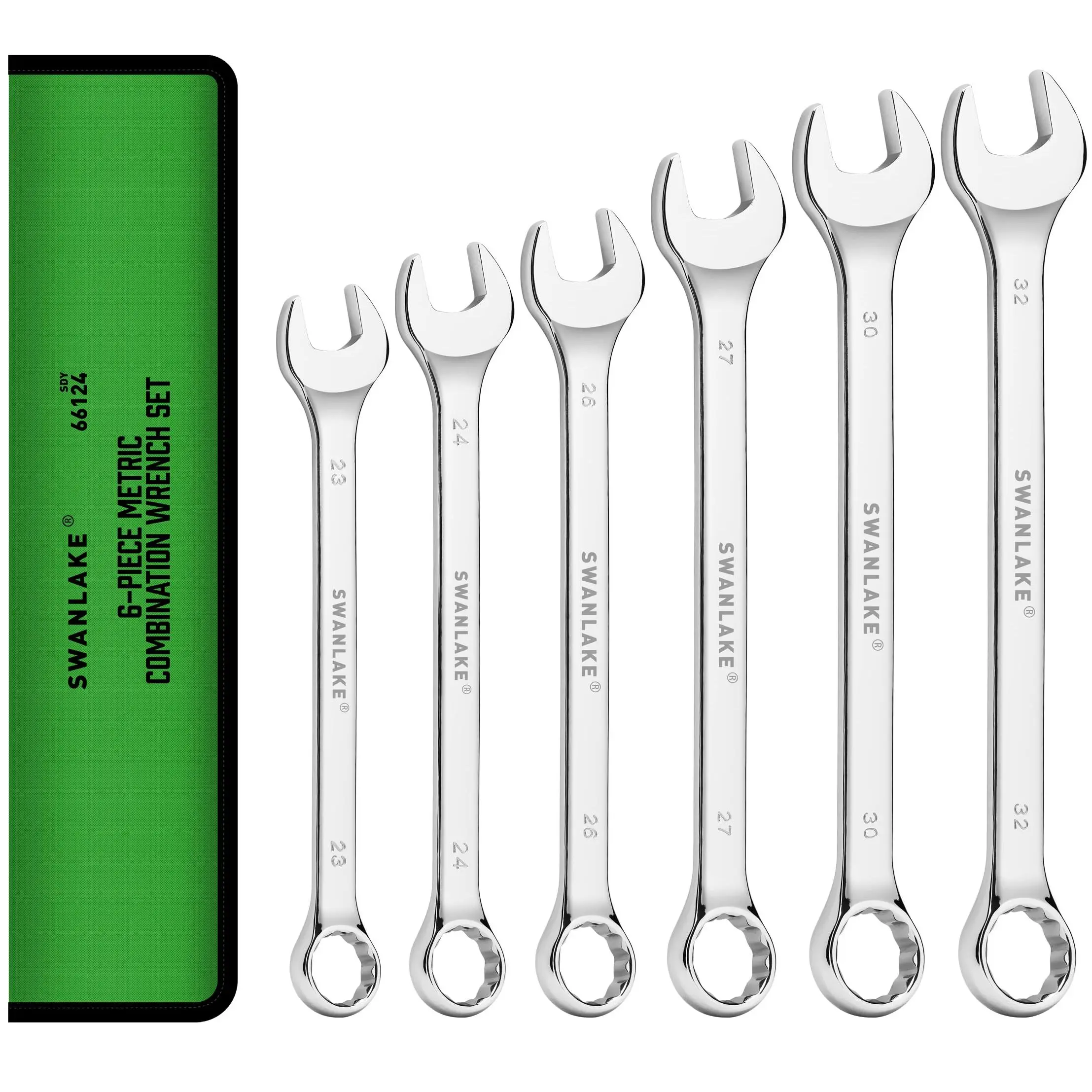 SWANLAKE GARDEN TOOLS 6-Piece All-Purpose Combination Wrench Set, Metric & Standard 23mm to 32mm, Heat Treated CR-V, 12-Point Box End Big Wrench Set, Master Long Mechanic Tool Set with Rolling Pouch
