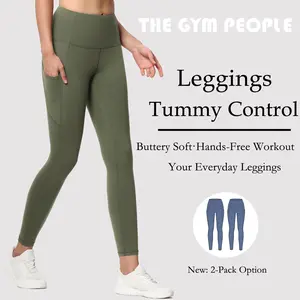 THE GYM PEOPLE High Waist Yoga Pants with Pockets Tummy Control Thick Yoga Leggings for Women 2 Pieces Athleisure Bottoms Comfortable Ultra-Stretch Fit Womenswear