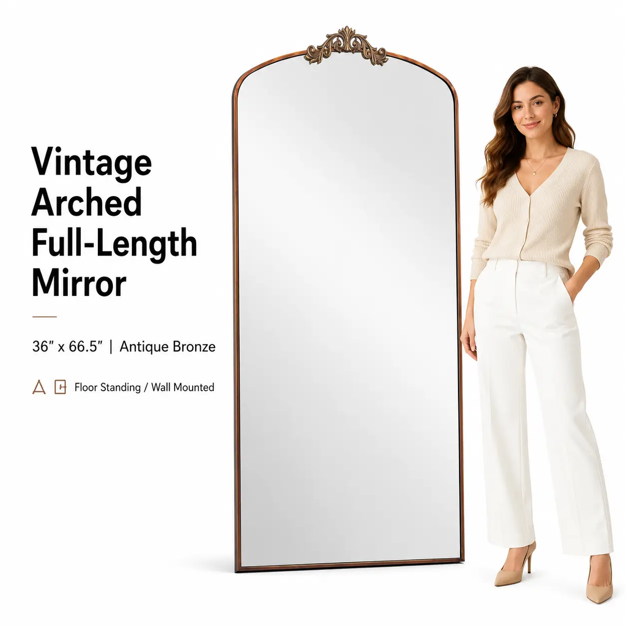 Vintage Arched Full-Length Dressing Mirror (36"x66.5") - Antique Bronze Ornate Metal Frame, Oversized Floor-Standing or Wall-Mounted for Bedroom, Living Room, Home Supplies Mirrors