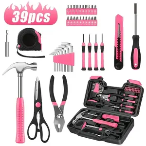 39pcs Pink Tool Kit | Includes Screwdriver, Utility Knife, Scissors, Tape Measure, Hammer, Internal Hex Wrench, Pliers | Suitable for Home, Garage, Garden, Office, College Dormitory | Ideal for Women