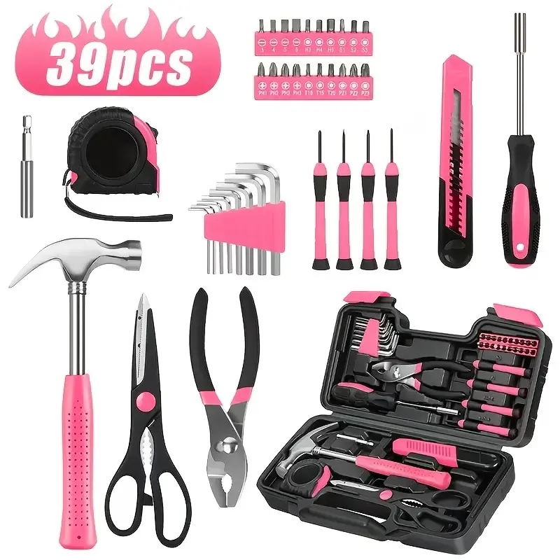 39pcs Pink Tool Kit | Includes Screwdriver, Utility Knife, Scissors, Tape Measure, Hammer, Internal Hex Wrench, Pliers | Suitable for Home, Garage, Garden, Office, College Dormitory | Ideal for Women