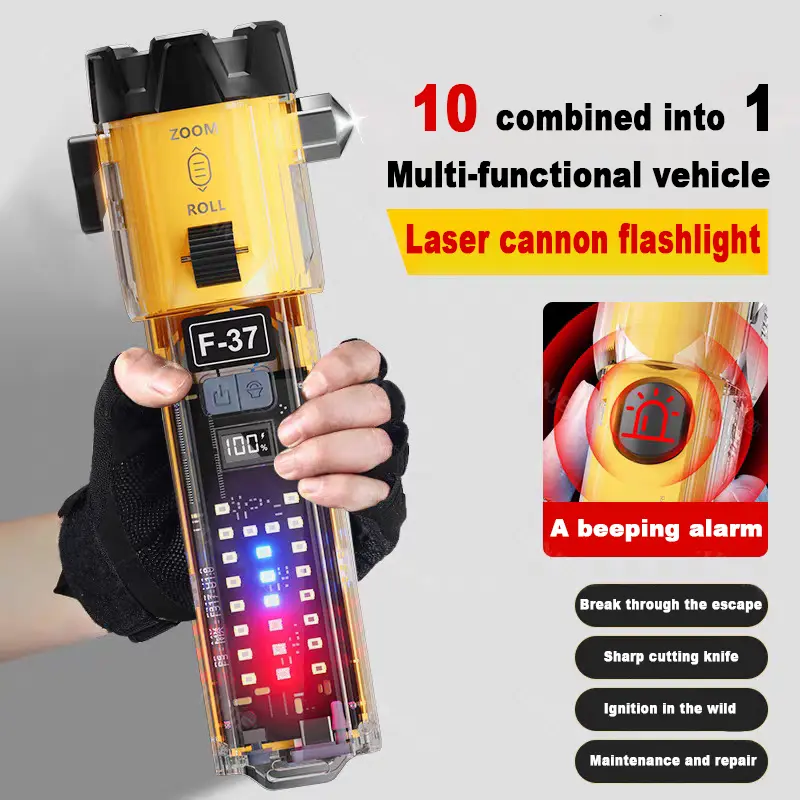10-in-1 Multifunctional Car Emergency Escape Safety Hammer - USB Rechargeable High-Intensity LED Light, Compact Easy-to-Carry Seatbelt Cutter, Window Breaker for Roadside Safety