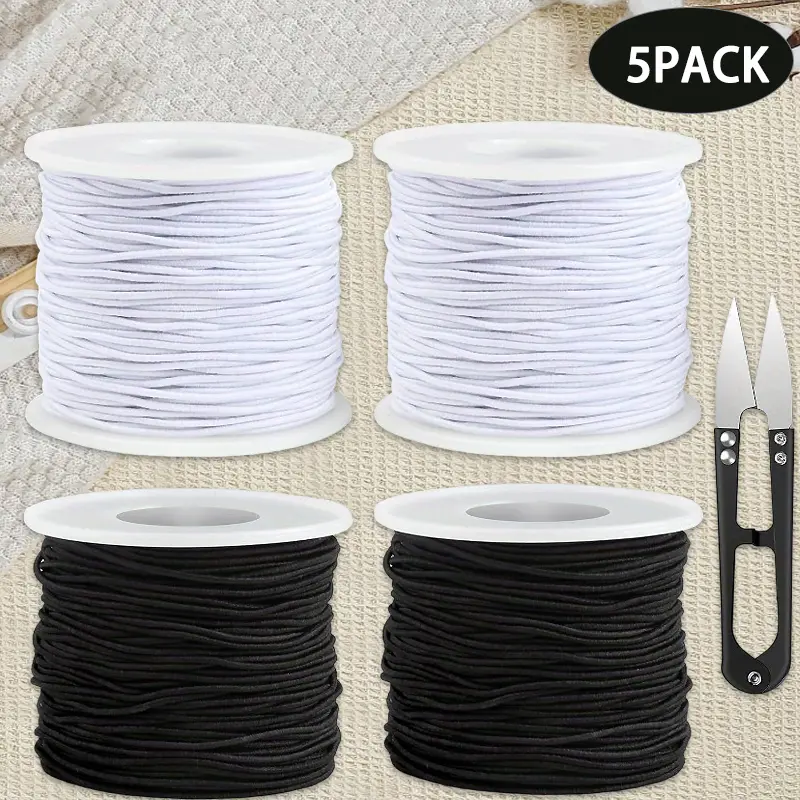 4 Rolls 1mm x 50m Elastic Bracelet Cord, Rubber Beading Thread with Scissors & Adjustable Clasp for DIY Jewelry Beading Making, Black & White Craft String for Necklaces, Beaded Tassel Charms