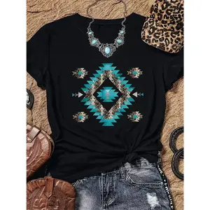 Women'S Western & Indian-Inspired Graphic T-Shirt - Black Short Sleeve Crew Neck Top with Turquoise Geometric Design, Casual Spring/Summer Wear, Casual Attire |   Crew Neck Top |   Vibrant Print Top Womenswear Tshirt Streetwear Crewneck Fitted Shortsleev