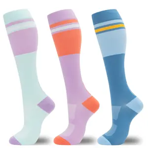 3 Pairs Colorful Gradient Compression Socks 15-20mmHg, Knee High Circulation Support Socks for Women Men, Running Travel Nurse Athletic Compression Socks outdoorfun