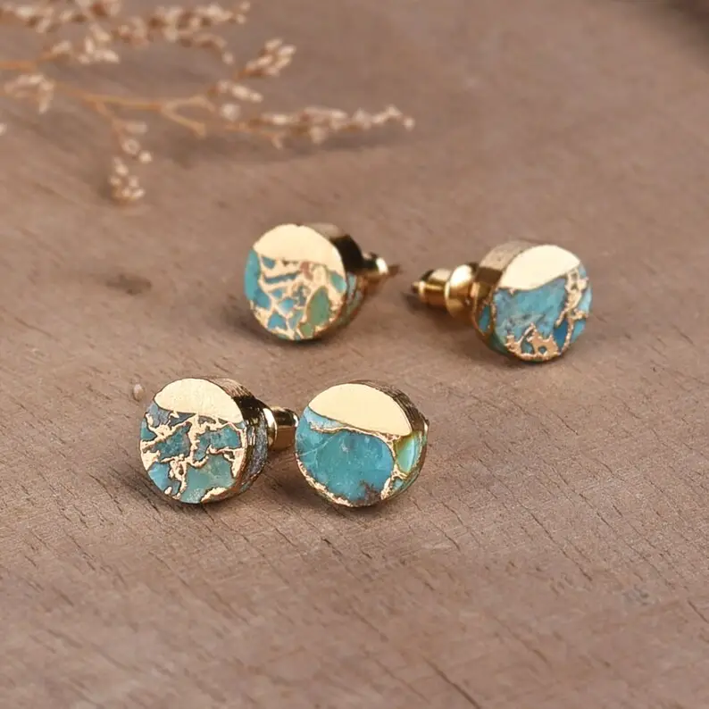 Blue Turquoise Stud Earrings Gold Plated, Dainty Turquoise Earrings, Blue Stone Earrings, Turquoise Post Earrings Women Stud Earrings Holiday Gifts
