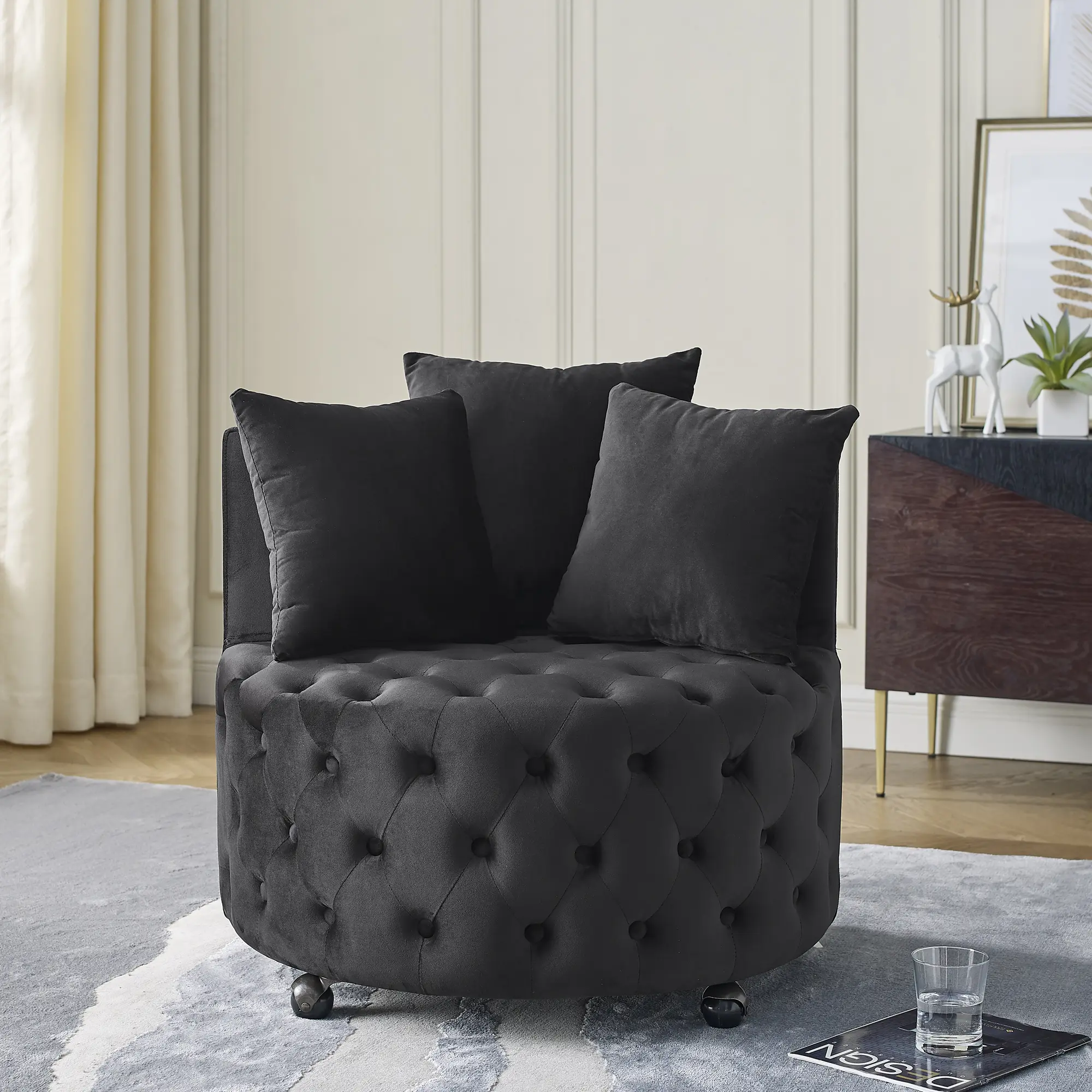 【Sub 1 packages】Niccae Velvet Upholstered Swivel Chair for Living Room, with Button Tufted Design and Movable Wheels, Including 3 Pillows