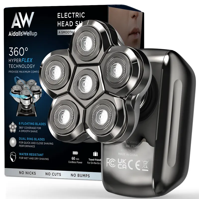 AidallsWellup AW-PRO001 Waterproof Stainless Steel 6-Blade Cordless Portable Shaver - 800mAh Rechargeable Battery Electric Shaver with USB-C, Cleaning Brush, 6D Head Hugs Scalp Hair for Bald Men