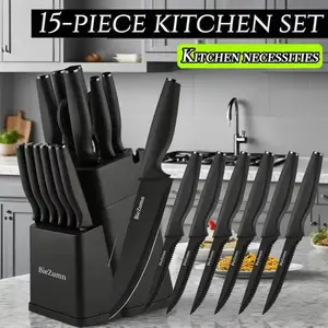15 pieces of black stainless steel chef's knife set, ergonomically designed, professional ultra-sharp kitchen knives, high carbon stainless steel material,