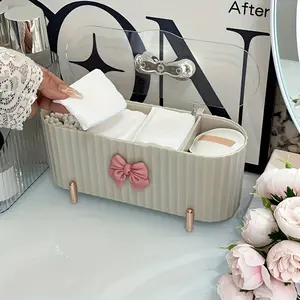 Cute Bowknot, 3-Compartment Makeup Organizer - Large Capacity, Multi-Purpose, Transparent Lid Storage Box, Suitable for Cotton Swabs, Puffs, and Cosmetics, Perfect Bathroom Decoration and Holiday Gift, Makeup Storage