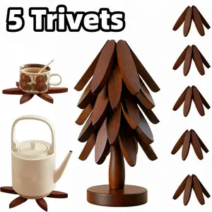 Natural Foldable Black Walnut Wooden Trivet Set - 5 Trivets + 1 Stand for Hot Dishes, Pot, Bowl, Teapot, Hot Pot Holders,Wooden Trivets Tree for Hot Dishes, Set of 5 Wood Coaster for Hot Pots and Pans, Christmas Kitchen Decor for Family Members