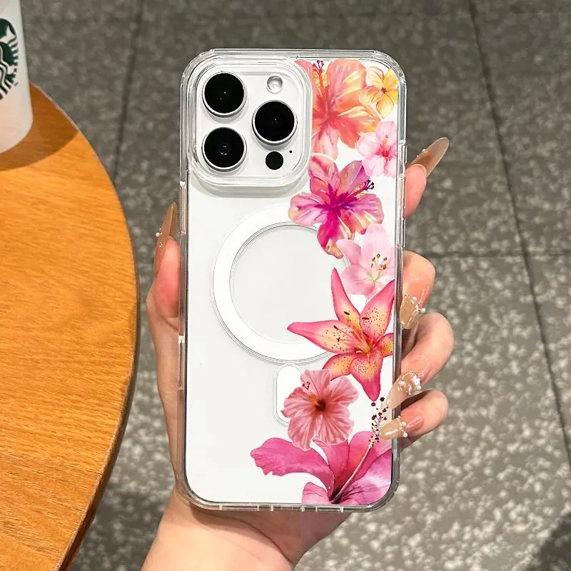 Girly Floral TPU Magnetic Phone Case for iPhone 11/12/13/14/15/16 Pro Max, MagSafe Ready, Multi-Model, Slim Fit, Shockproof, Drop-Proof, Soft Girl Aesthetic Protection Accessory