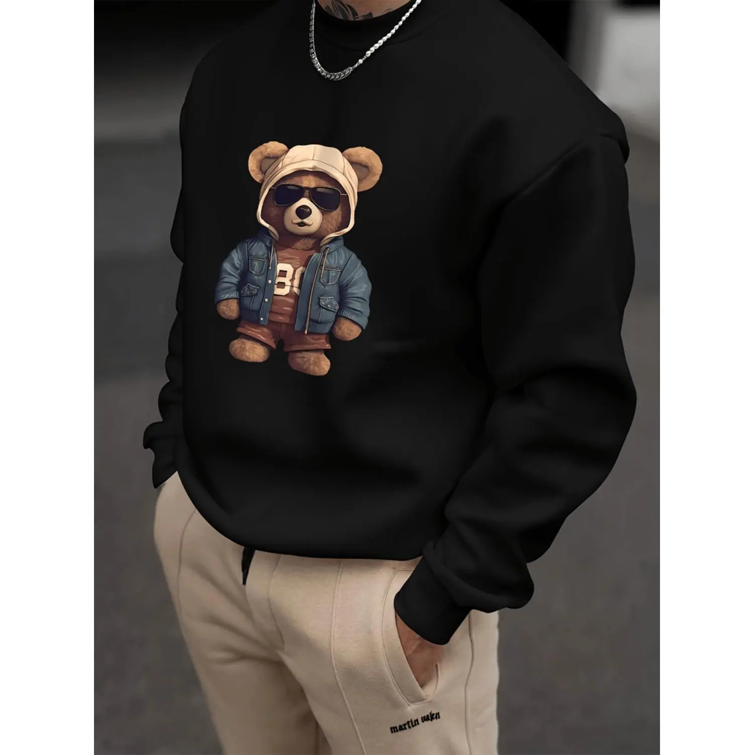 Men's Athletic Long Sleeve Sweatshirt with Cartoon Bear Graphic, Moisture-Wicking and Breathable Cotton-Poly Blend, Menswear, Loose Fit, Crew Neck, Relaxed Fit, Clothes, Graphic Print, Round Neck, Casual, Tops, Polyester