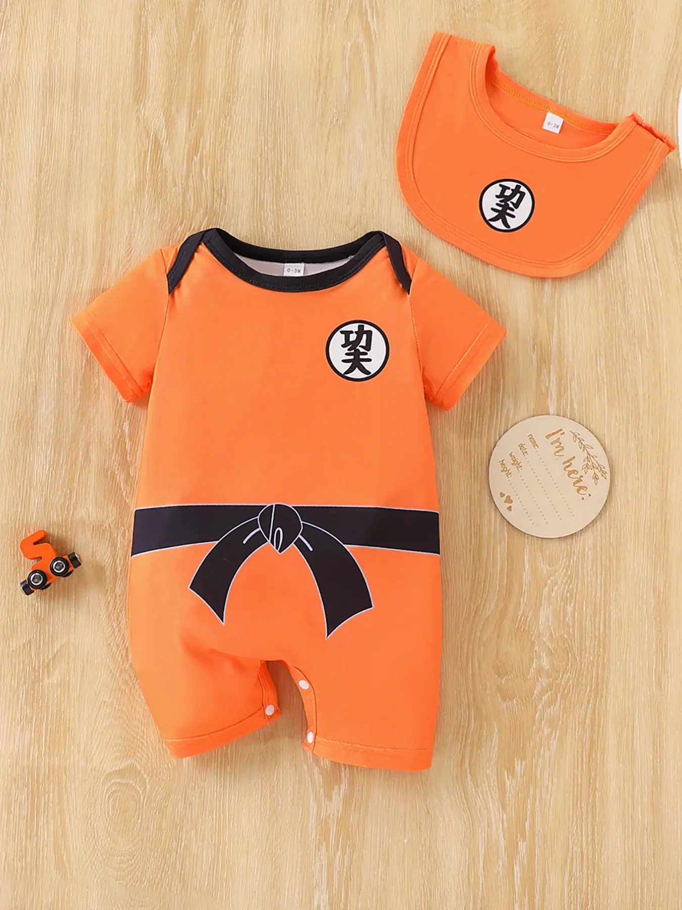 Baby Summer Short Sleeve 'wu Gongfu' Print Onesie, Boy's Martial Arts Set with Bib, Perfect Gift for Little Fighters