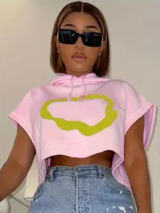 Women's Street Style Hooded Sweatshirt, Asymmetrical Hem, Colorblock Print, Loose Fit, Short Sleeve, Casual Fashion Top