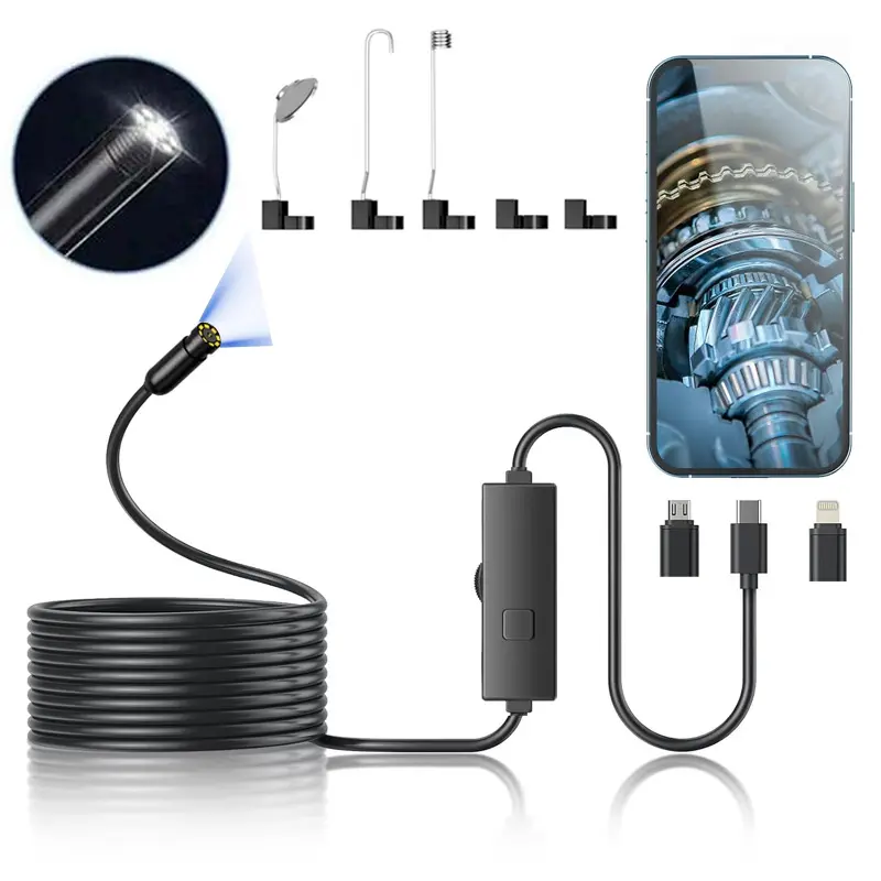 Semi-Rigid Snake HD Endoscope Inspection Camera, 1920P Resolution, 8 Adjustable LED Lights, 16.4ft Single Lens Diagnostic Tool for iOS & Android Automotive Car Repair, Ios And Android Compatible, Endoscope Camera
