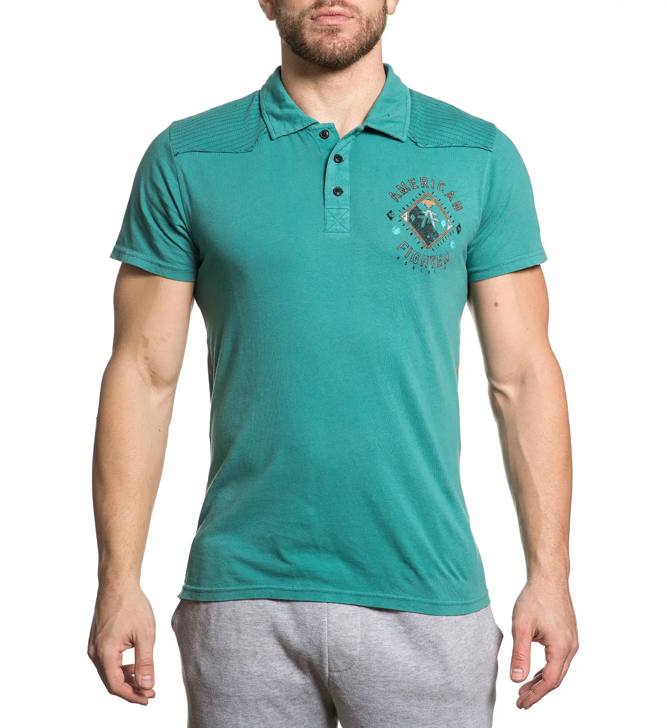 American Fighter Gardner Men's Cotton Polo Shirt - Casual Short-Sleeve Tops, Mock Twist Fabric, Distressed Graphic Logo, All-Season Wear (Refer to Sizing Chart)