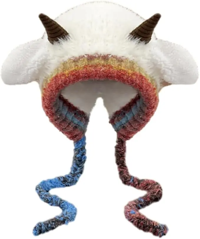 Faux Fur Knitted Animal Beanie with Ear Flaps Cute Sheep Horns Winter Hat Winter Warm Plush Faux Fur Knitted Animal Hat Cozy Ghana | Ubuy main image 3