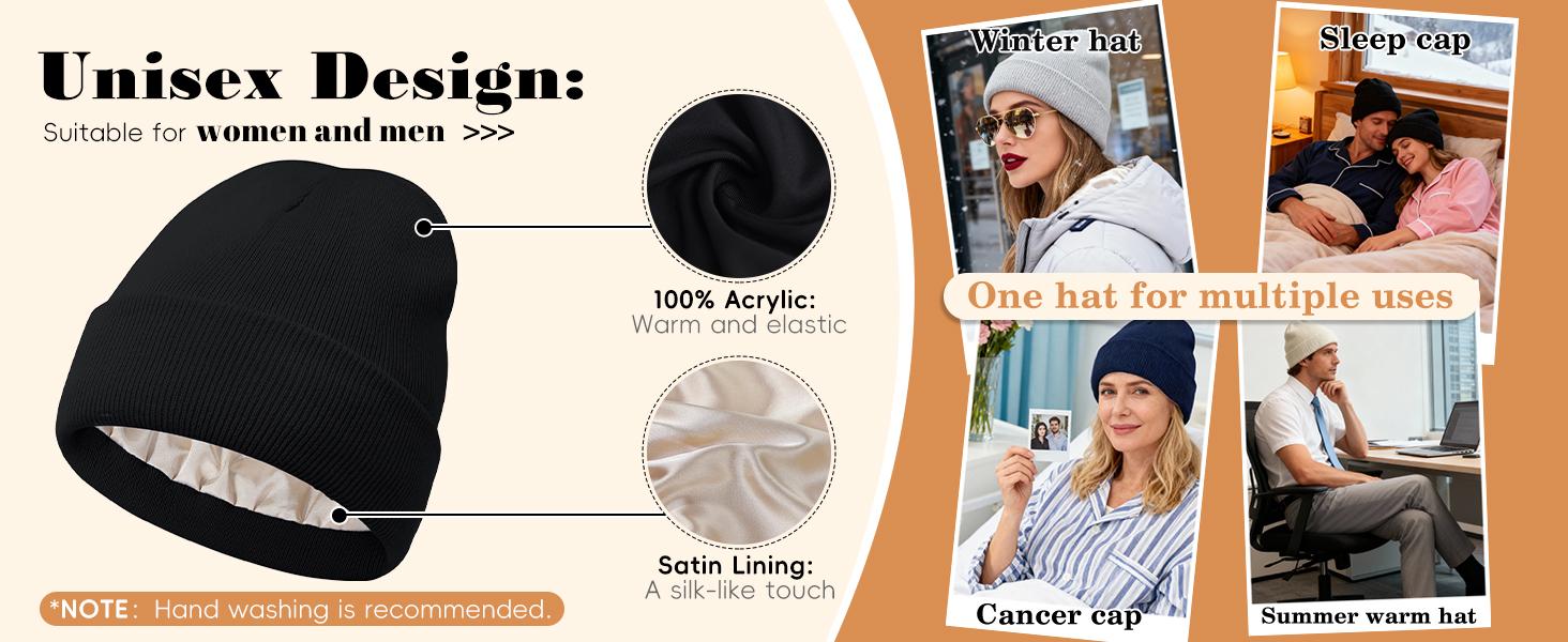Satin Lined Winter Hat Winter Beanie Hats for Women Men Unisex, Soft Warm Knitted Cuffed Slouchy Beanie, Solid Color Casual Knit Hat, Fashion Slouchy Skull Cap for Fall & Winter Accessories