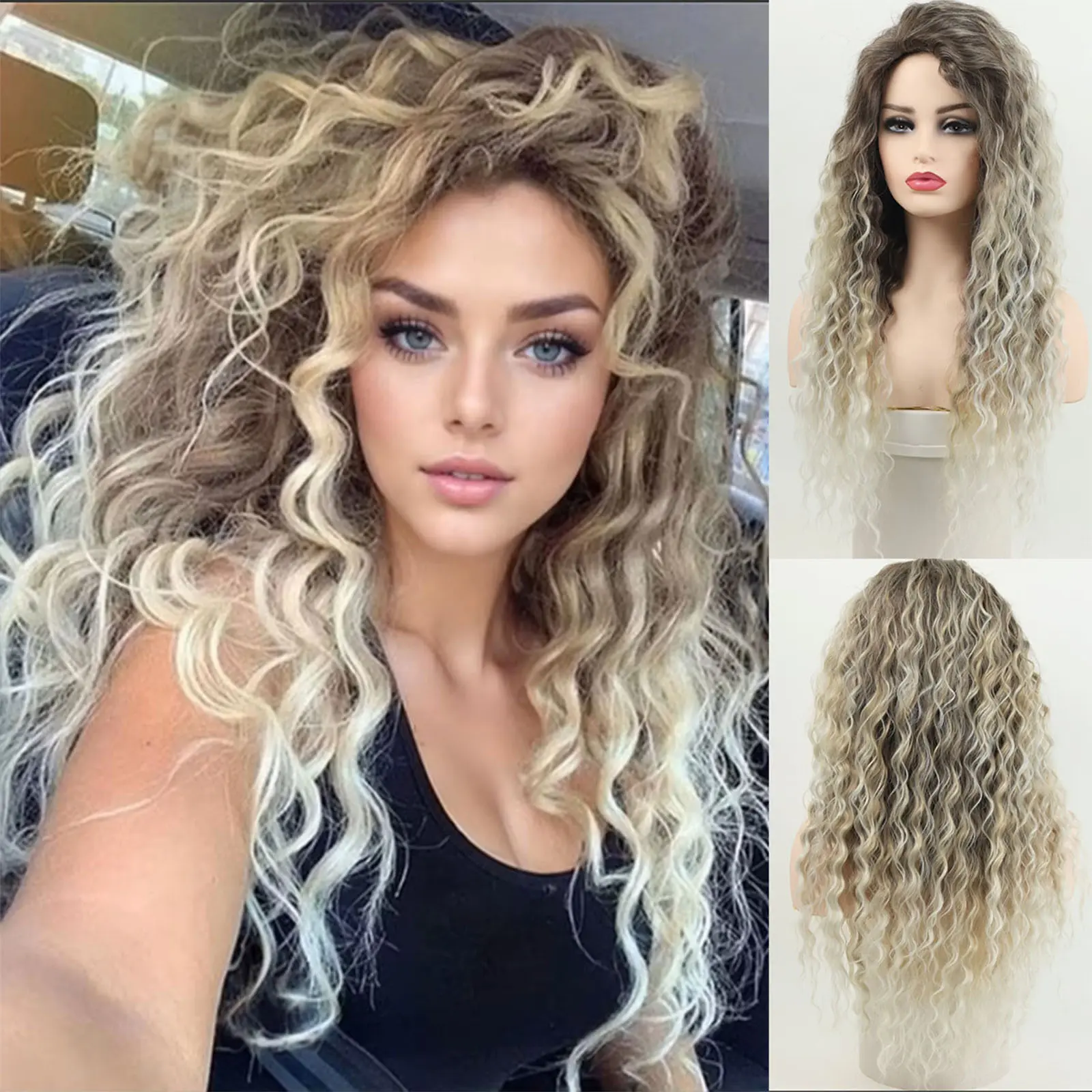 Women's 26-Inch Ombre Ash Blonde Synthetic Full Machine Wig - Fluffy Curly, Big Volume, Brown Shades, Realistic Look, 100% Breathable Net, Adjustable, Party Wear for 80s Carnival Halloween Costumes